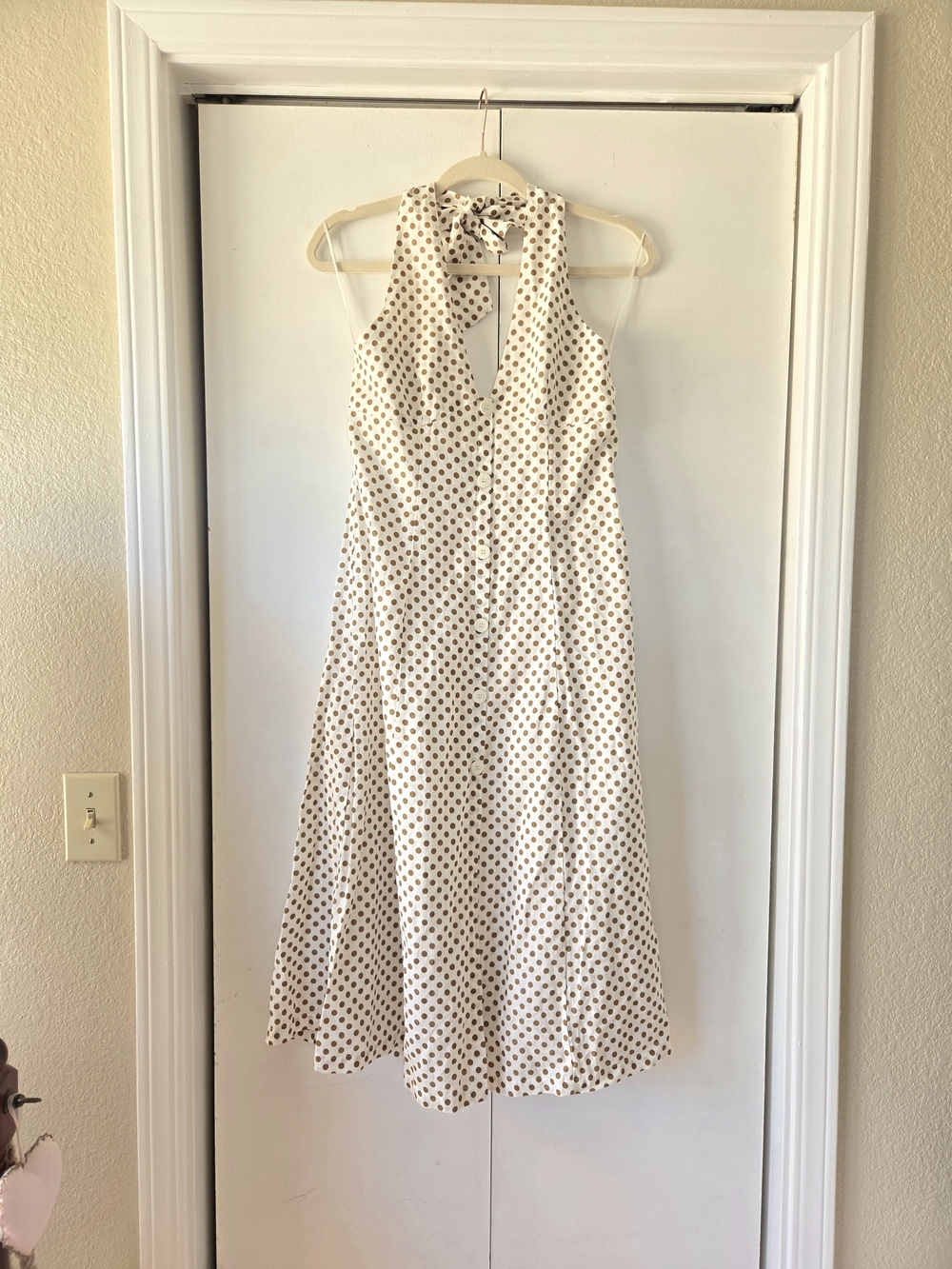 Cream Polka Dot Halter Midi Dress